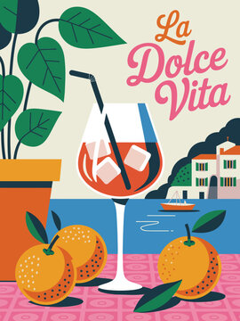La Dolce Vita poster, elegant Italian inspired artwork featuring pastel typography and charming Mediterranean villa backdrop