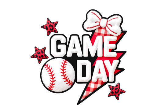 Energetic game day baseball graphic featuring textured typography with red leopard stars and a bow.
