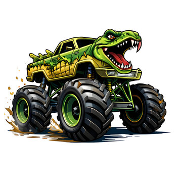 Gr&uuml;ner Dinosaurier Monstertruck mit T Rex Design und riesigen Offroad Reifen als Cartoon Illustration
