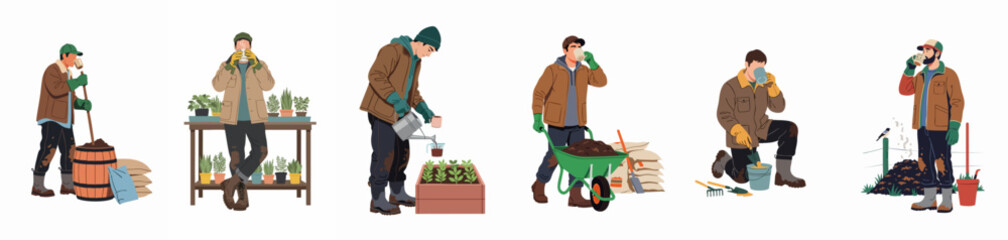 Diverse Scenes of Gardeners Enjoying Coffee and Working with Plants and Soil in Various Stages of Cultivation © Limo