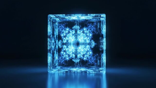 Glowing blue cube with intricate patterns and reflections, rotating slowly against a dark background, showcasing luminous details and textures in a visually captivating display