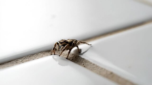Extreme close-up of a detailed jumping spider crawling on a clean white tiled surface, natural insect behavior.