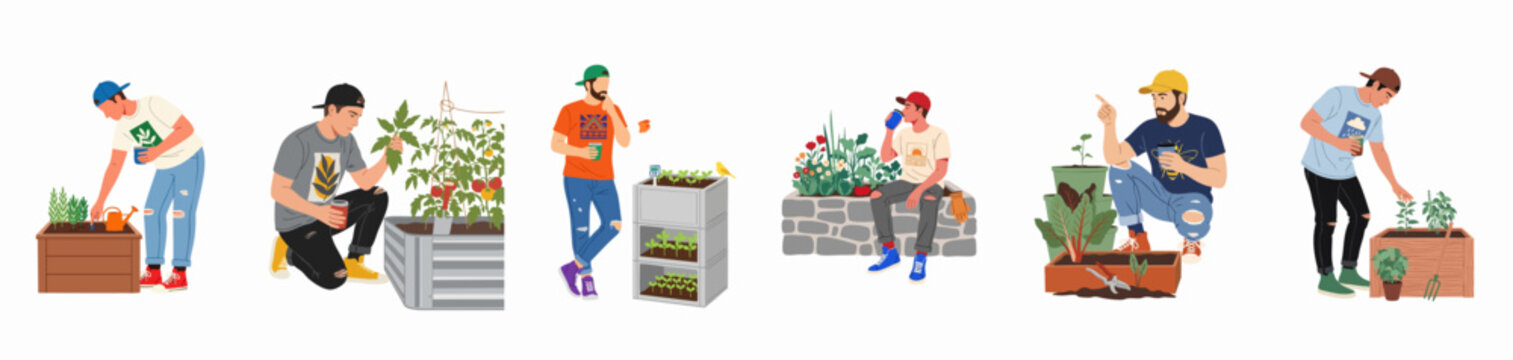 Diverse young men embrace urban gardening, cultivating plants in contemporary raised beds, pots, and vertical planters, enjoying sustainable living.
