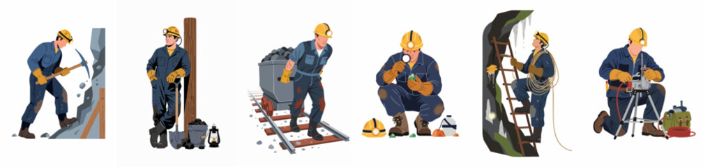 Illustrations of miners working in various conditions: digging, transporting coal, inspecting gems, climbing in caves, and operating drilling equipment, showcasing diverse aspects of mining.