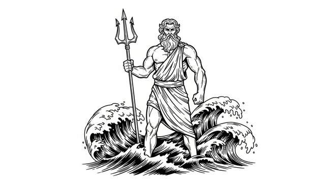 Poseidon god of the sea, holding a trident amidst ocean waves sketch engraving generative ai vector illustration. T-shirt apparel print design. Scratch board imitation.
