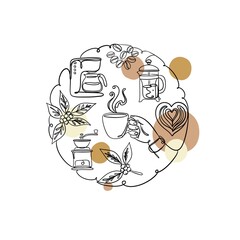 Coffee brewing cafe culture aesthetic. Minimalist continuous line art with boho abstract circles.