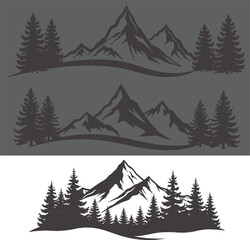 Fototapeta premium Mountain landscape with pine trees silhouette on gray and white background