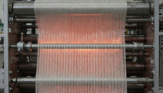 Medium shot focusing on heavytow acrylic precursor bundles being carefully oxidized showcasing the dense fiber arrangement and industrial stabilization technique.