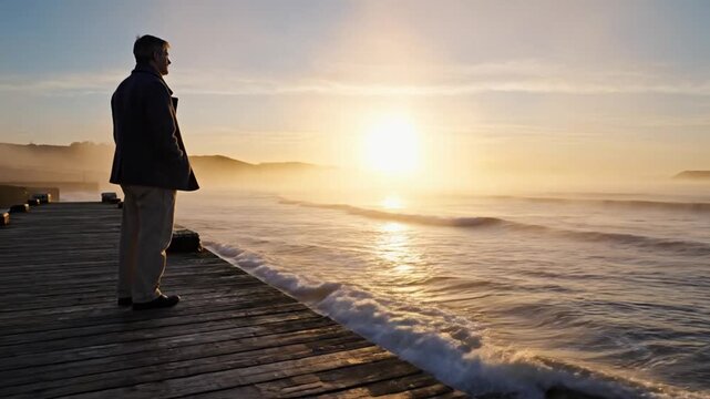 Lone figure on weathered dock at dawn wearing textured portwear facing sunrise