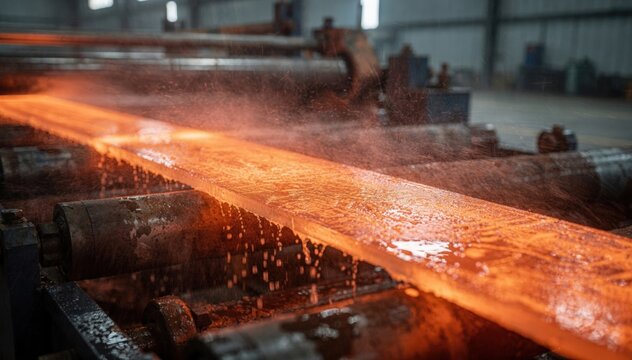 Close medium shot of a glowing steel strip partially veiled by light mist from cooling sprays the remaining runout table and factory environment softened out of focus.