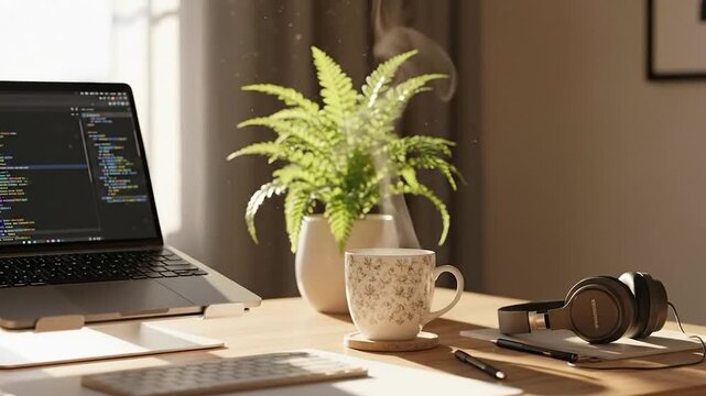Modern laptop displaying programming code on a wooden desk with a green potted plant, coffee mug, and headphones in a cozy home office setting with natural light.