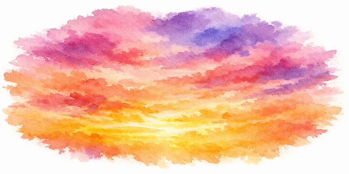 Hand drawn abstract watercolor background featuring a dramatic sunset cloudscape with beautiful orange and blue sunlight over a cloudy nature heaven at dawn