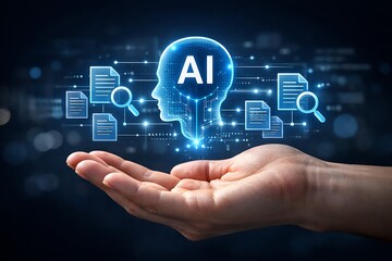 Fototapeta premium Human Hand Holding Futuristic AI Interface for Automated Document Analysis, Big Data Search, and Digital Information Processing