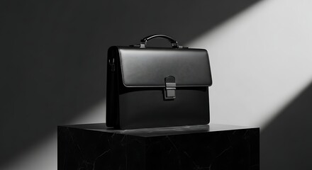 Black leather briefcase on black marble pedestal with gray clasp and handle  business accessory