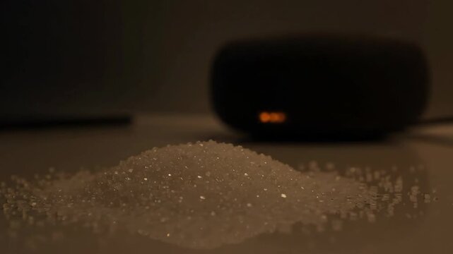 Close-up of sugar pile with smart speaker, illustrating sweetener and diet.