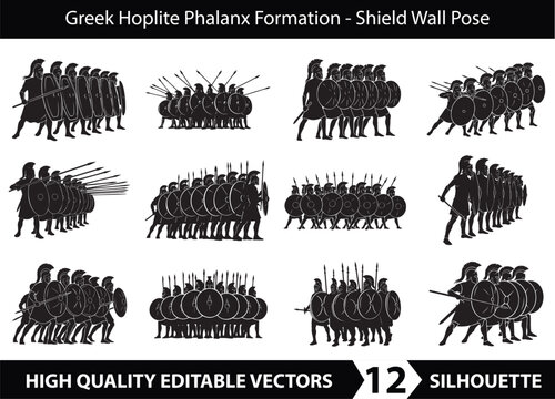 Greek Hoplite Phalanx Silhouette, Spartan Shield Wall Formation, Ancient Warrior Spear Pose Vector
