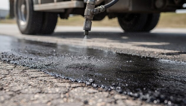 Closeup medium shot of a spray rig releasing a fine protective sealcoat onto a road surface emphasizing the spray nozzle and freshly coated pavement in clear detail.