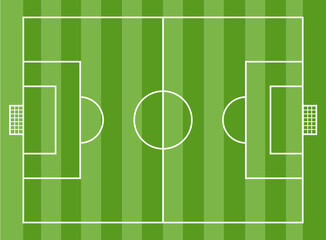 Top view of a clean, minimalist soccer field with white lines and green stripes