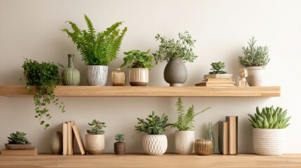 Fototapeta premium A stylish wooden shelf showcases an assortment of indoor plants, potted greenery, and decorative books arranged neatly. The scene captures a tranquil, natural atmosphere in a modern living area.