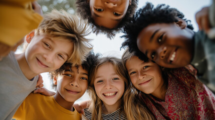 Fototapeta premium Faceless happy childhood with funny joyful preteen friends standing in circle looking down at camera, bottom view of cute boys and girls in colorful summer casual clothes hugging