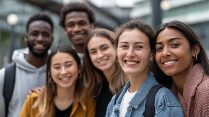 Obraz premium Faceless young people of various cultures smiling at camera, university students standing together on college campus, happy friends having fun, friendship and lifestyle concept,