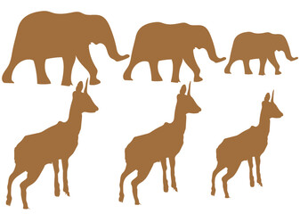 Obraz premium Brown silhouettes of elephants and antelopes on a white background