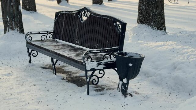 A bench in the snow in the park