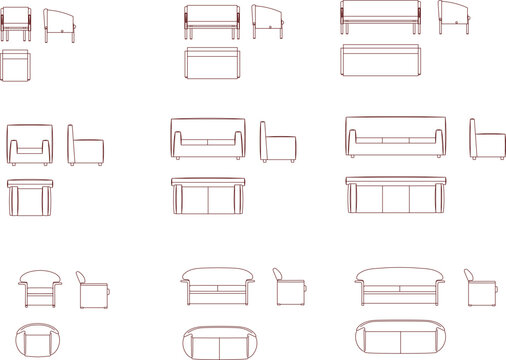 Modern sofa and armchair collection featuring various seating layouts in top view floor plan and front elevation icons.