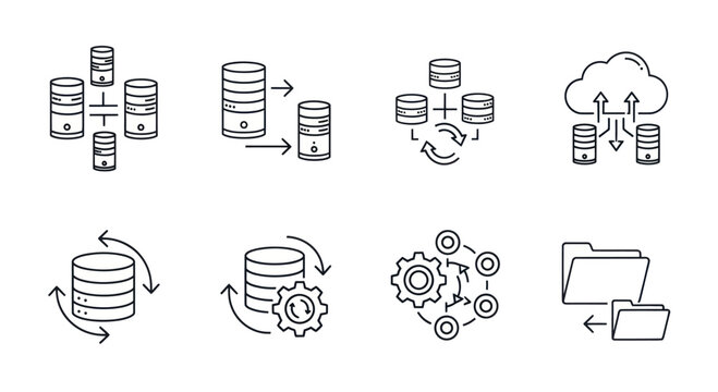 Database icons set, cloud storage, data transfer, synchronization, backup, network