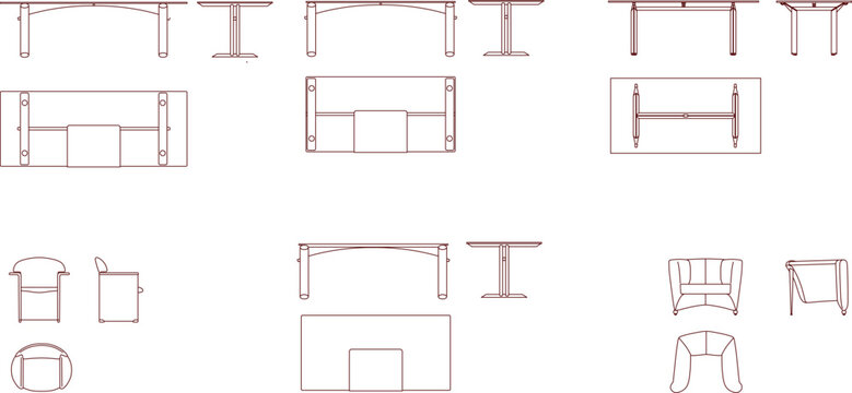 Furniture design set featuring minimalist office desks and lounge chairs in top view floor plan and front elevation icons.