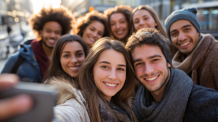 Obraz premium Faceless group of cheerful students college friends having fun together as they travel through cities, happy community of diverse people, selective focus on couple taking selfie,