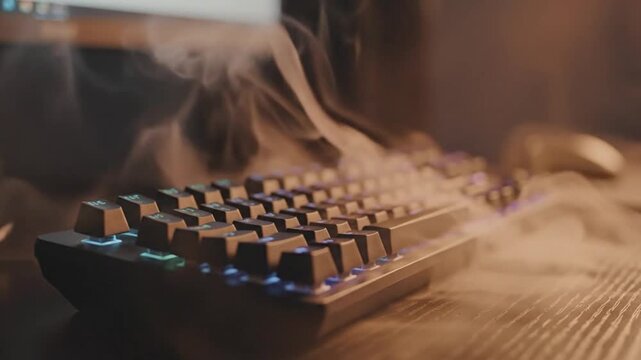 Gamer Keyboard in Vapor: A backlit gaming keyboard sits amidst wisps of vapor, capturing the intense atmosphere of digital entertainment and the passion of the gamer.