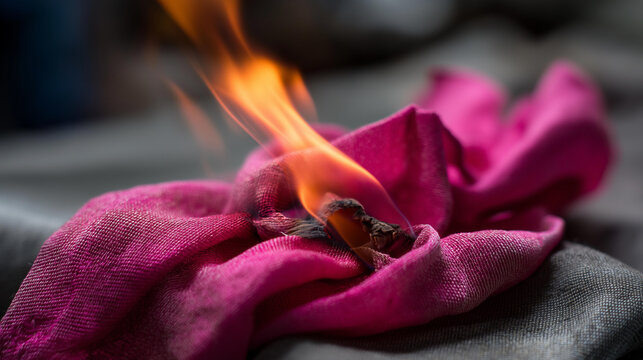Fabric burning closeup, textile fire, material combustion, cloth ignition, fiber damage, flammable material hazard, with copy space