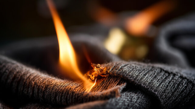 Fabric burning closeup, textile fire, material combustion, cloth ignition, fiber damage, flammable material hazard, with copy space