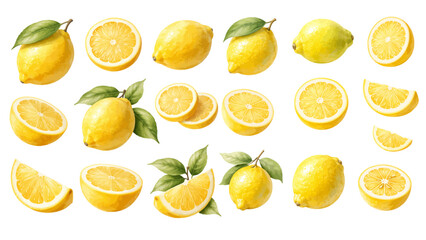 A charming watercolor collection of yellow citrus fruits, including halved lemons, detailed cross-sections, and glossy whole lemons with leafy stems. © liana