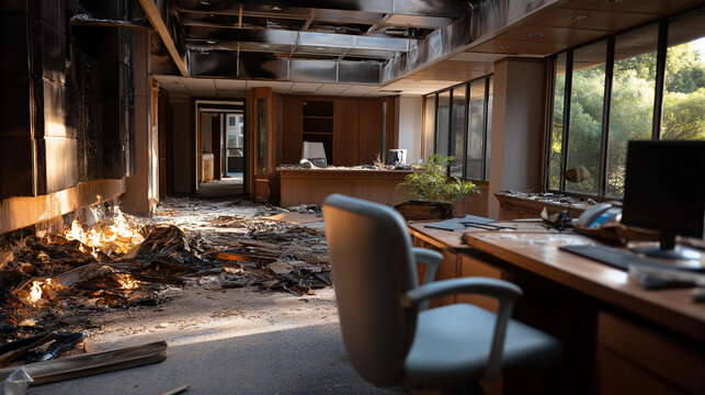 Devastated office interior after fire damage with smoldering debris and charred walls, conveying disaster and loss, commercial property destruction, workplace emergency, with copy