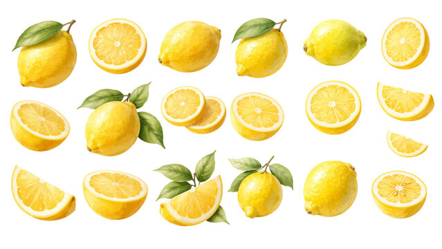 A charming watercolor collection of yellow citrus fruits, including halved lemons, detailed cross-sections, and glossy whole lemons with leafy stems.