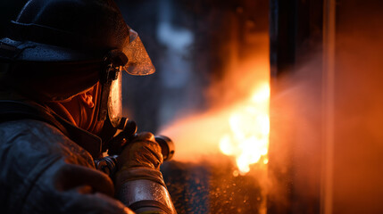 Fototapeta premium Faceless firefighter spraying water into burning building doorway engulfed in intense flames and smoke, emergency response, fire suppression, rescue operations, with copy space