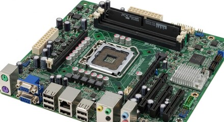 Fototapeta premium Computer motherboard main circuit board with cpu socket and various connectors and components for hardware assembly and electronics.