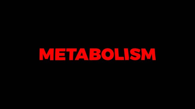 Simple and eye catching red &ldquo;Metabolism&rdquo; text animation on a dark background, perfect for health, fitness, and medical concept videos.