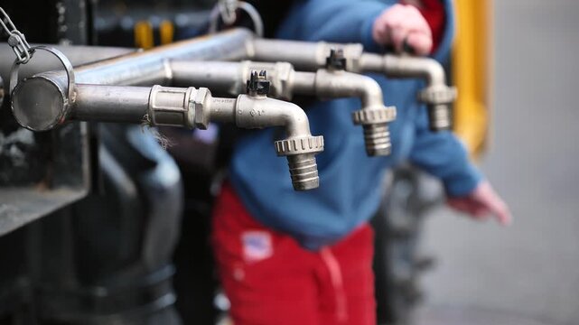 Hands filling plastic water bottles from multiple taps on a mobile water supply tank
