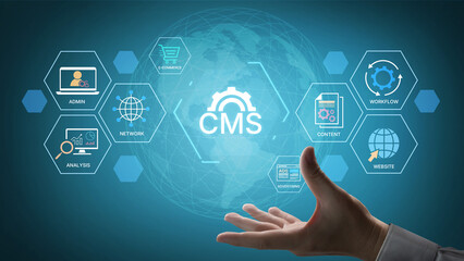 Concept of a Content Management System (CMS). A platform for website administration, digital content creation, workflow management, and e-commerce integration. Fermion