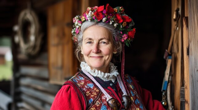 Smiling elderly woman in traditional Norwegian bunad folk costume portrait, showcasing heritage and cultural pride in a rustic setting.