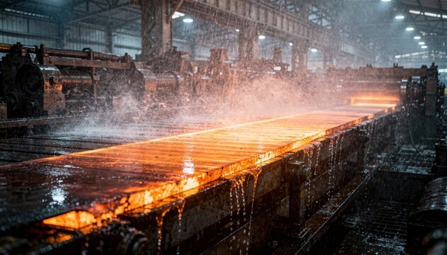 Glowing steel strip stretches across a runout table under a heavy cooling spray the focused strip highlighted against a hazy industrial backdrop shrouded in mist.