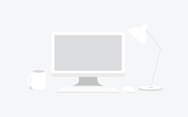 Work environment concept with computer monitor, keyboard, mouse, desk lamp, and coffee mug. Office desk setup and technology lifestyle. Flat illustrator vector file. High quality image
