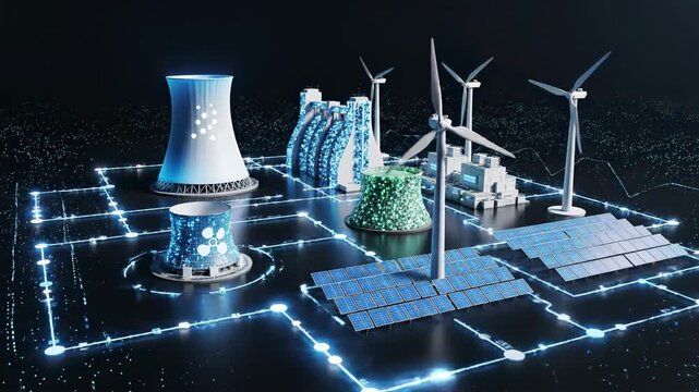 Renewable energy infrastructure featuring wind turbines, solar panels, cooling towers, and energy storage systems arranged in a futuristic grid layout with glowing connections