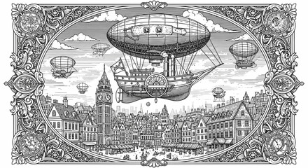 Vintage steampunk cityscape with airships flying over historic buildings. © Story