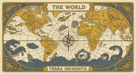 Naklejka premium Vintage styled world map with Terra Incognita and ornate compass rose.