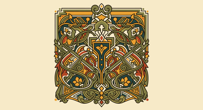 Intricate ornamental design with floral and geometric patterns in vintage style.