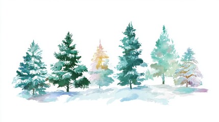 Obraz premium Snow-covered evergreen trees create a tranquil winter landscape with soft colors and a serene atmosphere. The scene captures the beauty of nature in the cold season.